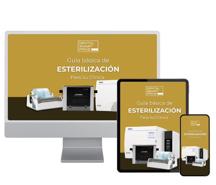 Guía básica de esterilización para su clínica mostrada en una pantalla grande, una tablet y un teléfono con equipos dentales alrededor del texto central.