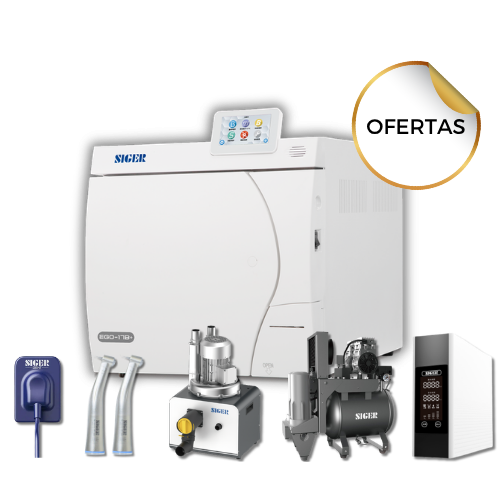 Autoclave sterilization machine with control panel and accessories shown, on offer badge reading OFERTAS