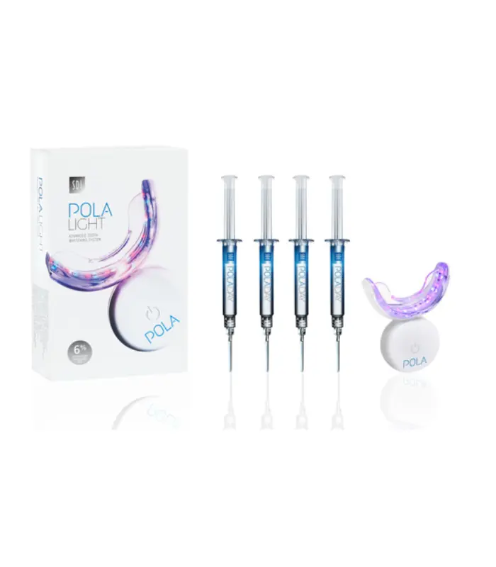 Pola Light dental whitening kit: box, four syringes, and a mouth tray.