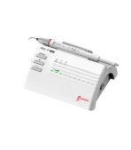 Dental ultrasonic device (Woodpecker UDS-P) with two handpieces attached, used for dental scaling and cleaning in a clinic.